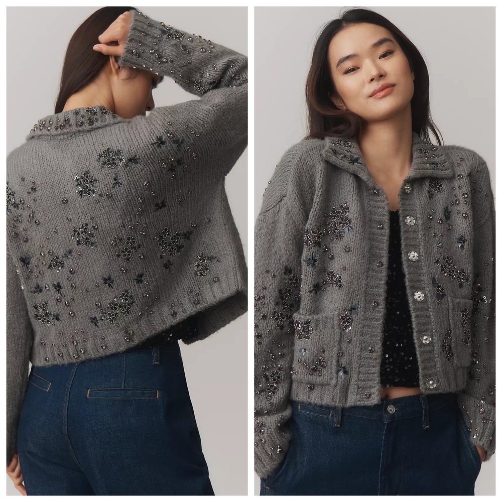 Anthropologie Pilcro Embellished Floral Collared Cardigan Sweater